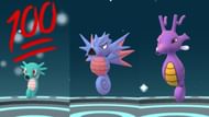 Shiny Horsea and its evolutions as they appear in Pokemon GO (Image via Niantic/Critical Slacker on YouTube)